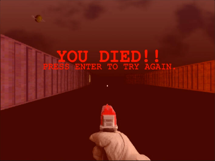 The player stands in an empty space, and is dead.