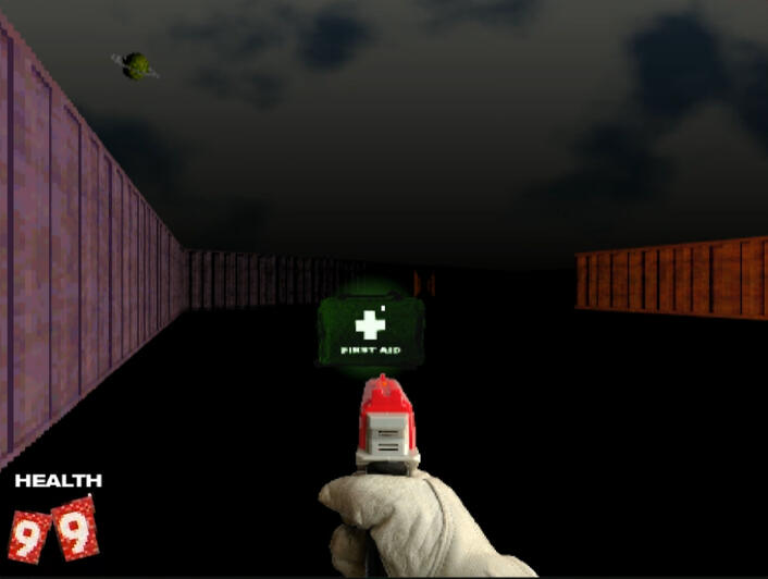 The player stands in an open space with no enemies. A first aid kit is visible. The player stands in an open space with no enemies. A first aid kit is visible.